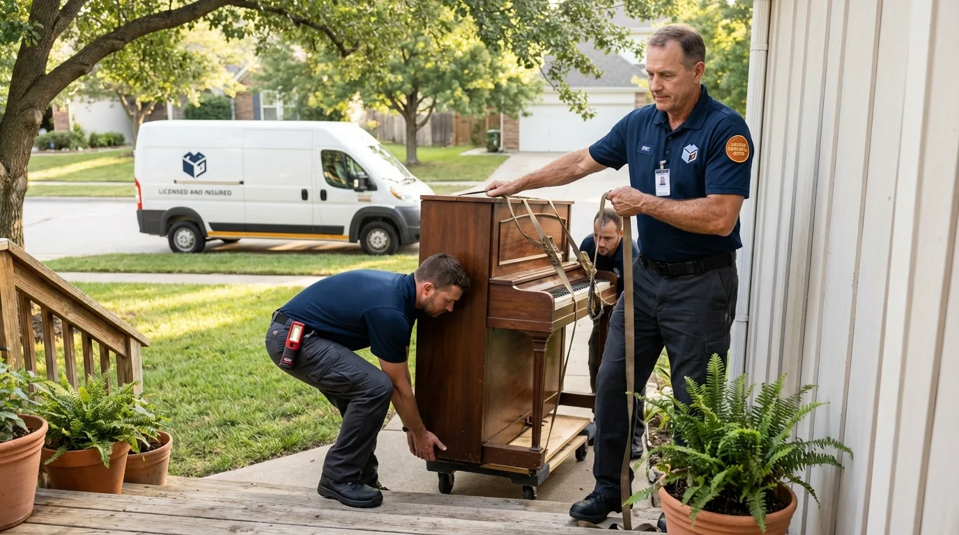 Licensed piano movers securing grand piano in Tupper Lake, NY