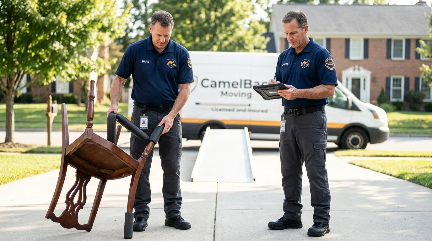Movers inspecting furniture for damage prevention before loading in Tupper Lake, NY