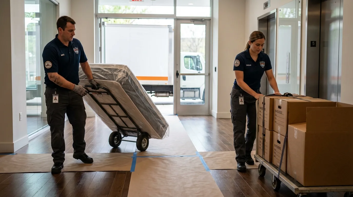 Professional apartment movers loading elevator in Tupper Lake, NY