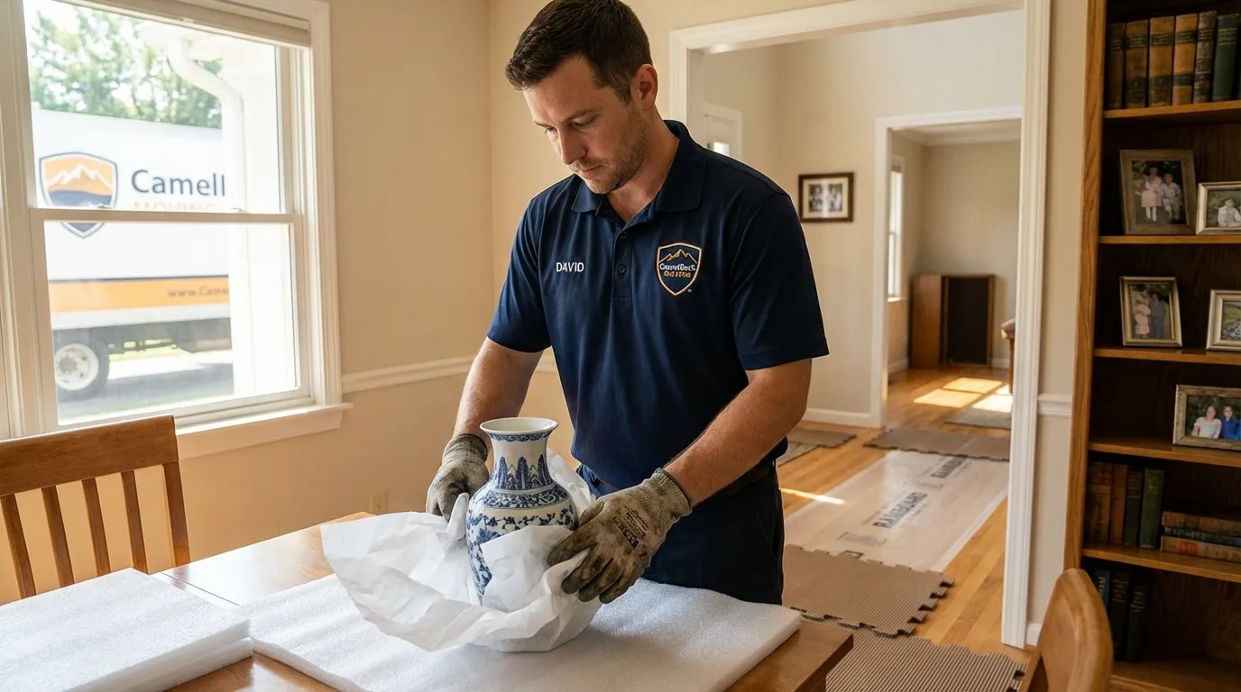 Professional crew carefully wrapping antique vase for senior downsizing move in Tupper Lake, NY