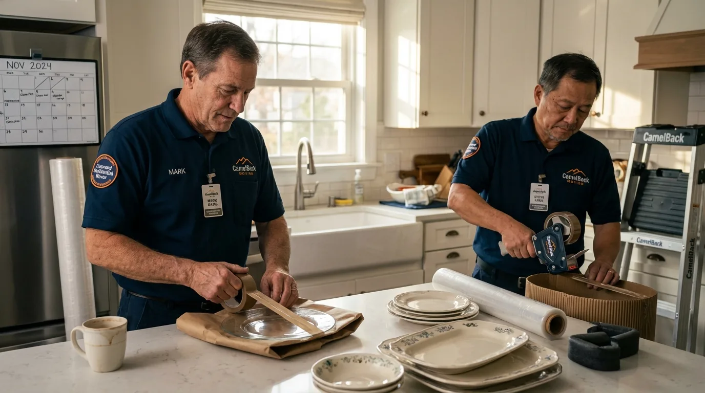 Professional crew packing kitchen dishware in Tupper Lake, NY